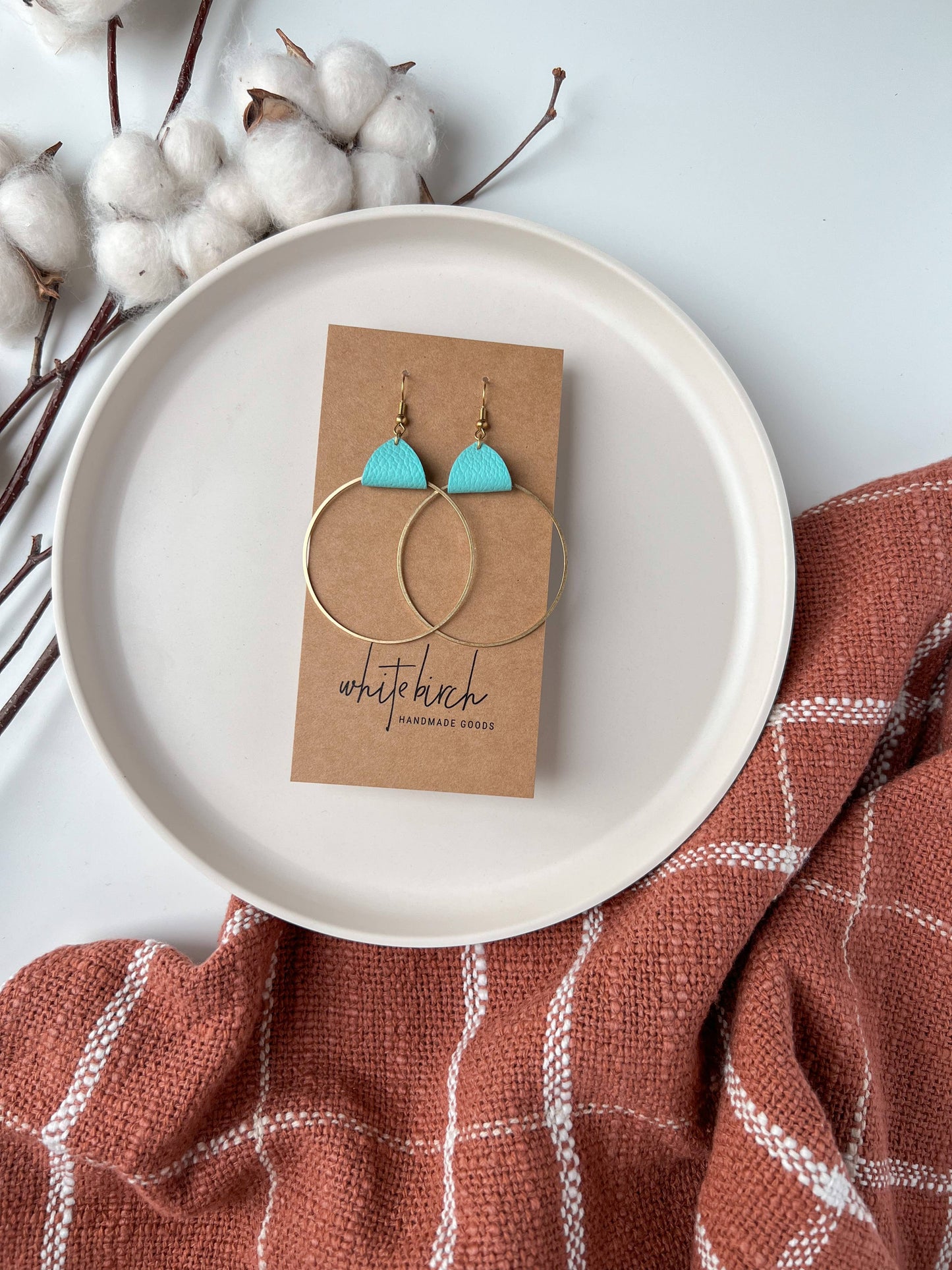 White Birch Robins Egg Leather & Brass Circle Earrings