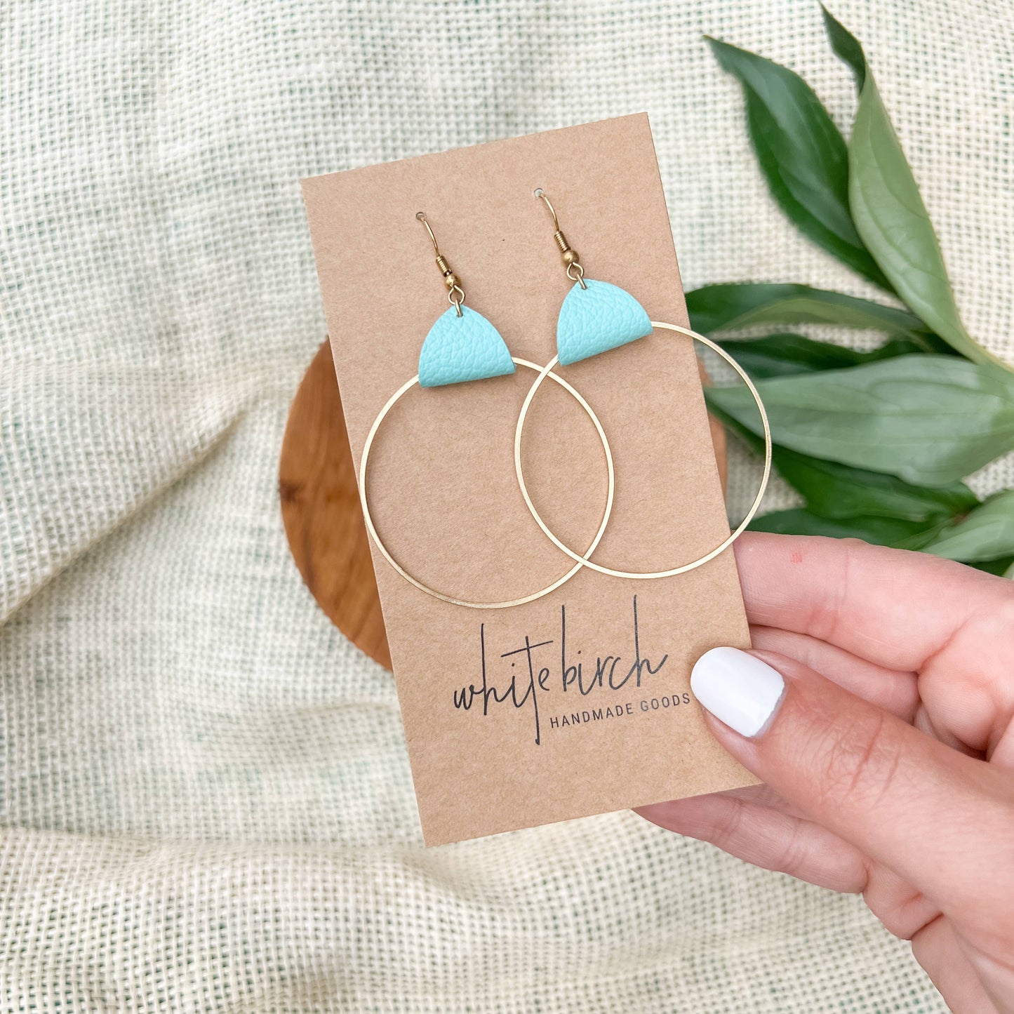 White Birch Robins Egg Leather & Brass Circle Earrings