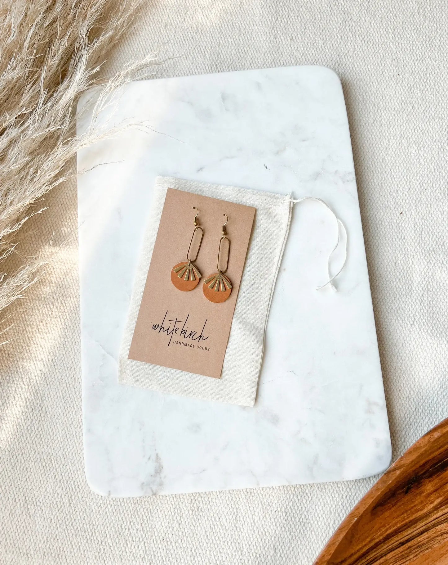 White Birch Tan Brown Leather & Brass Sunburst Geometric Earrings