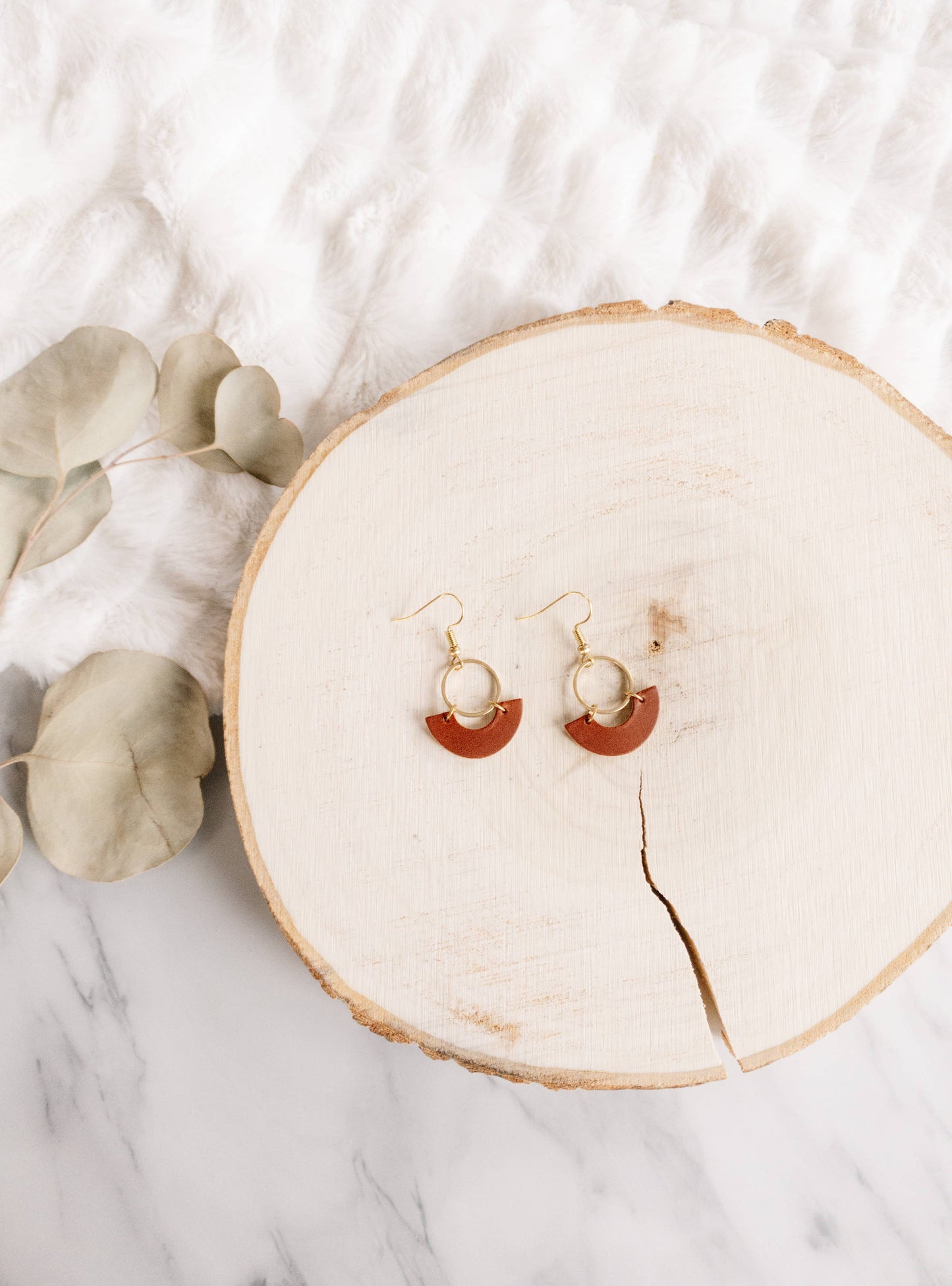 White Birch Brown Leather + Brass Ring Earrings