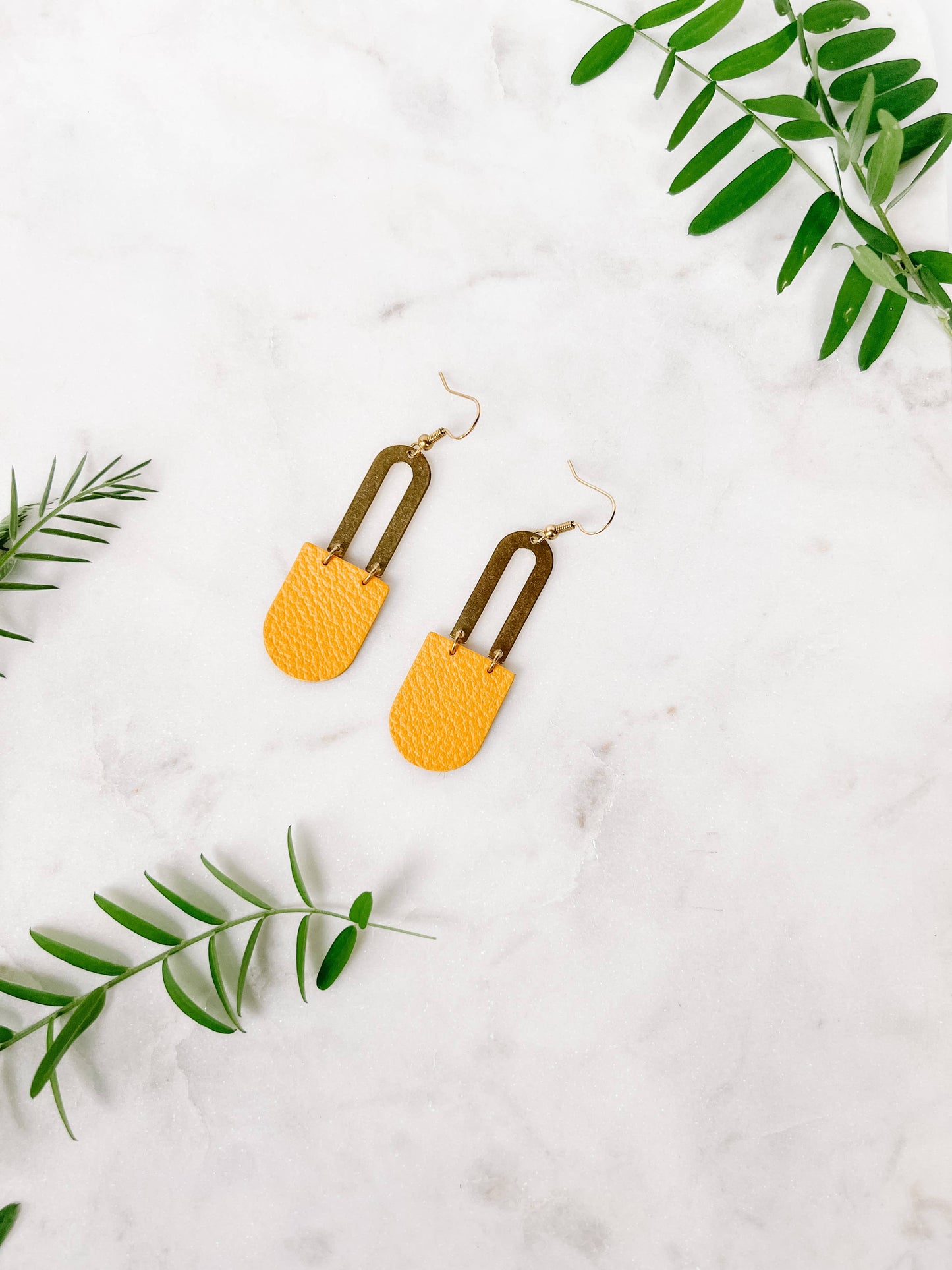 White Birch Mustard Yellow Leather & Brass Earrings