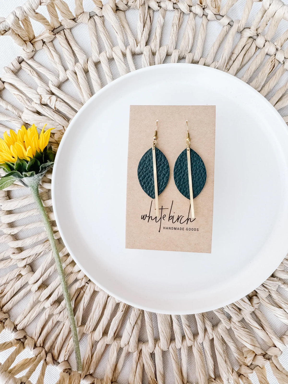 White Birch Leather Petal and Brass Bar Earrings