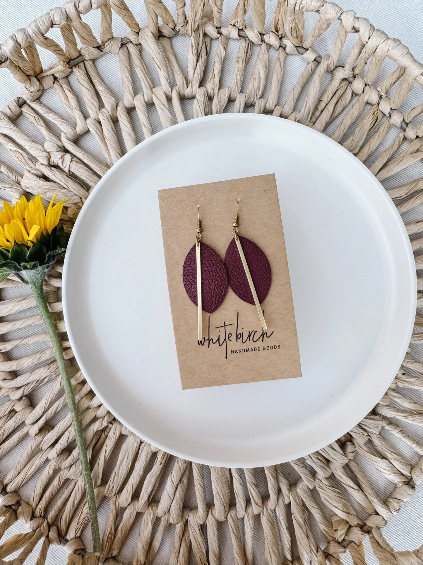White Birch Leather Petal and Brass Bar Earrings