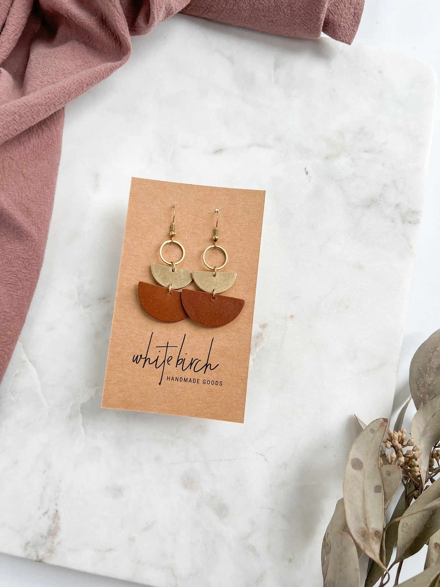 White Birch Brown Leather + Brass Half Moon Dangle Earrings