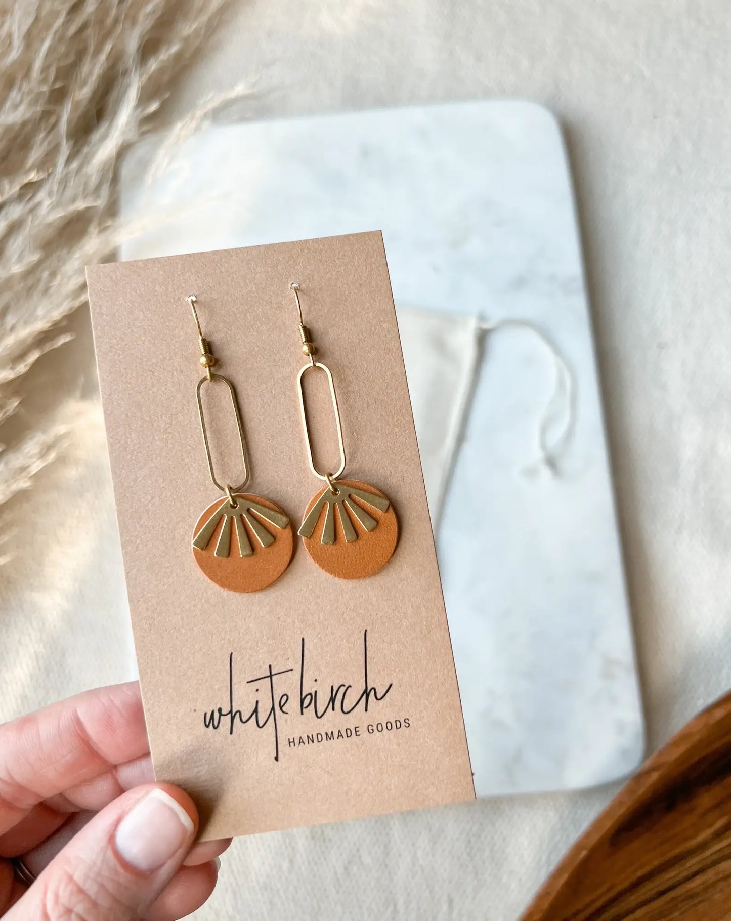 White Birch Tan Brown Leather & Brass Sunburst Geometric Earrings