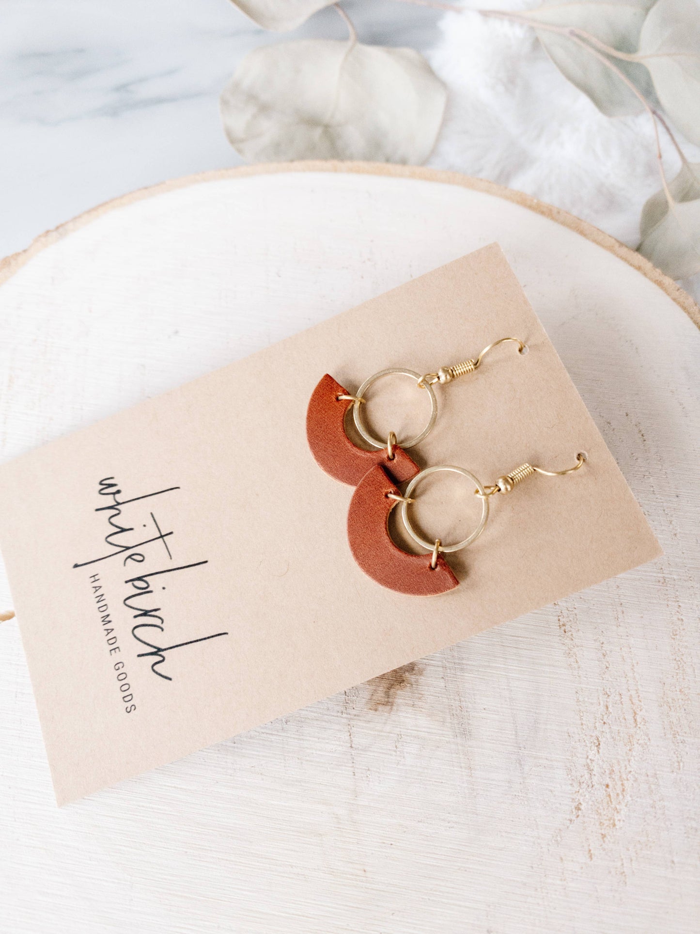 White Birch Brown Leather + Brass Ring  Earrings