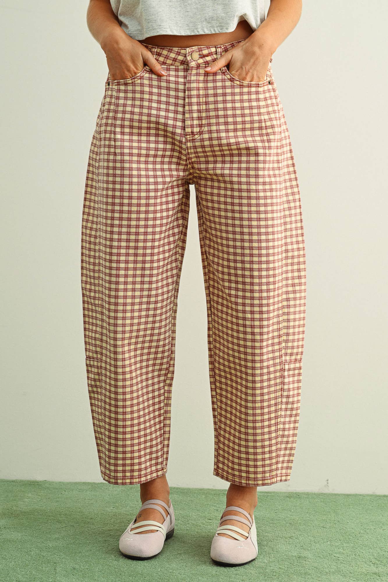 Miou Muse Mini Check Barrel Pants