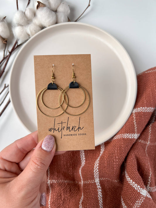 White Birch Black Leather & Brass Circles Earrings