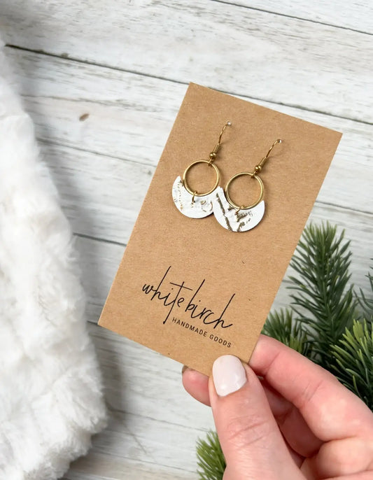 White Birch White and Gold Fleck Leather Small Crescent & Brass Ring Ear
