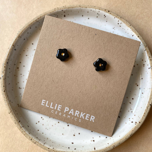 Ellie Parker Flower Black Ceramic Gold Accent Stud Earring