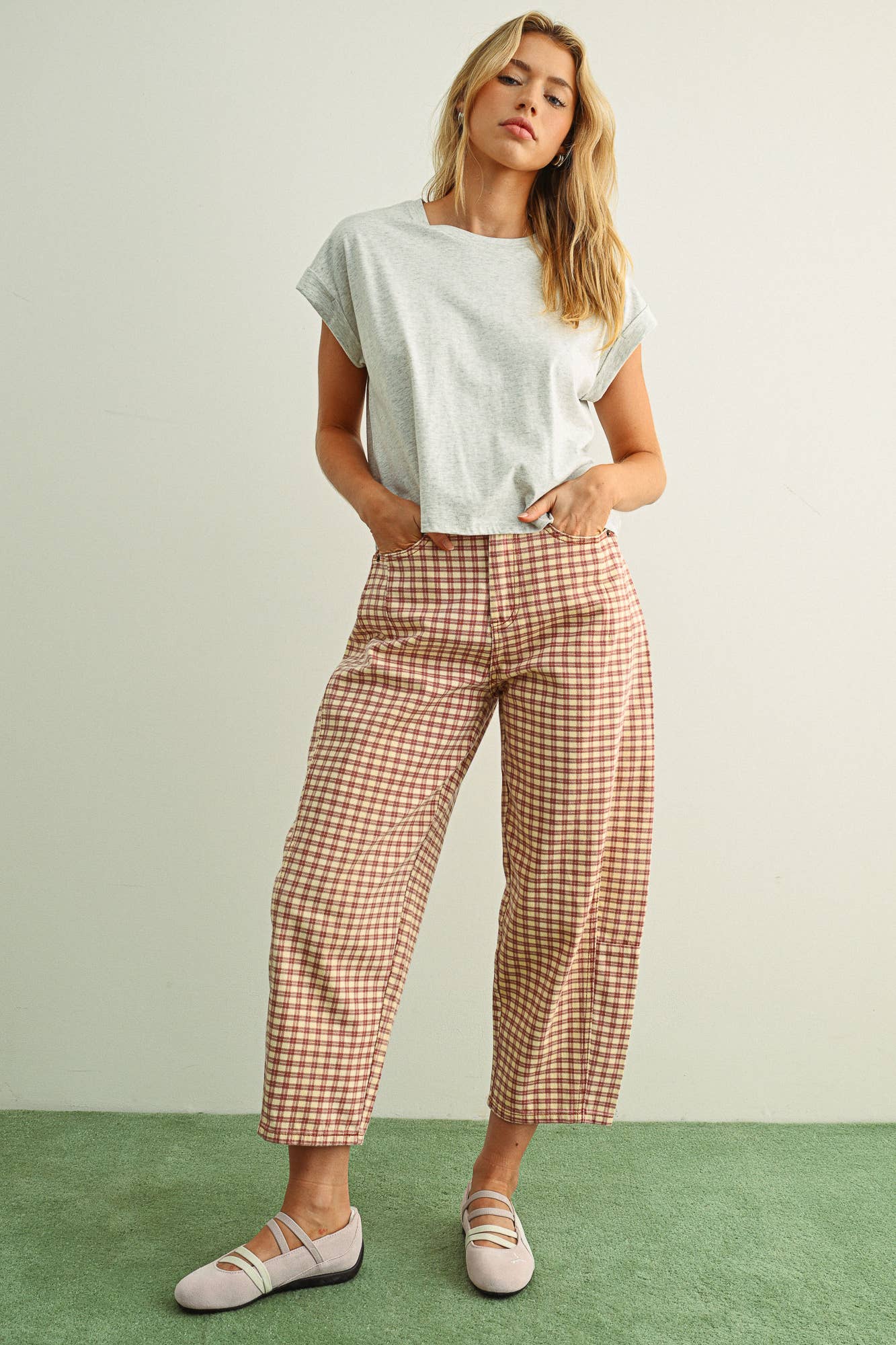 Miou Muse Mini Check Barrel Pants