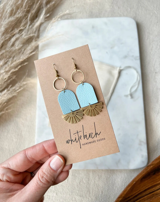 White Birch Baby Blue Leather & Brass Sunburst Geometric Earrings