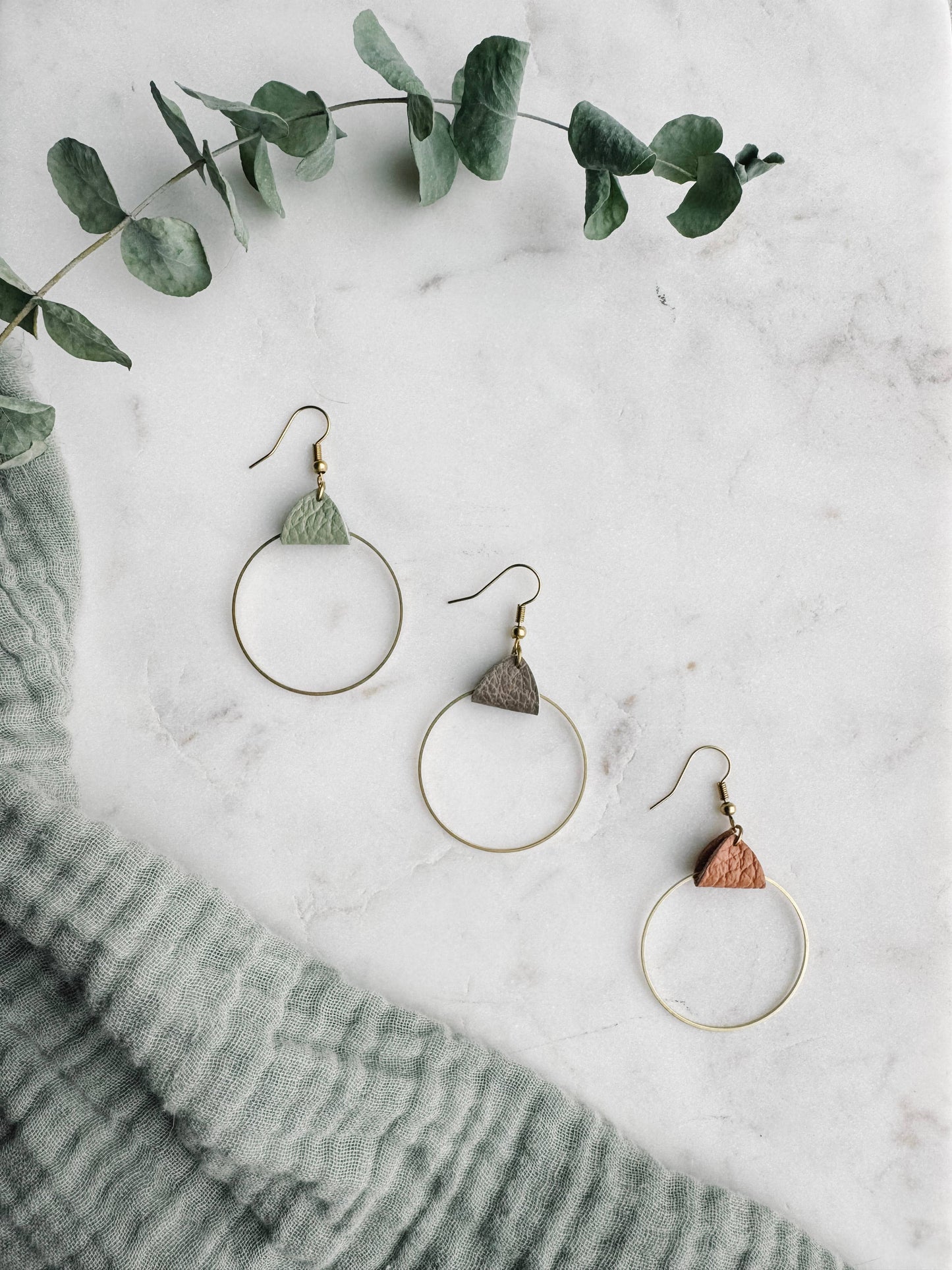 White Birch  Leather & Brass Circle Earrings