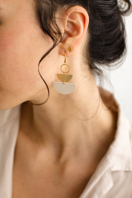 White Birch Mini Beige Leather & Brass Stacked Half Moon Dangle Earrings