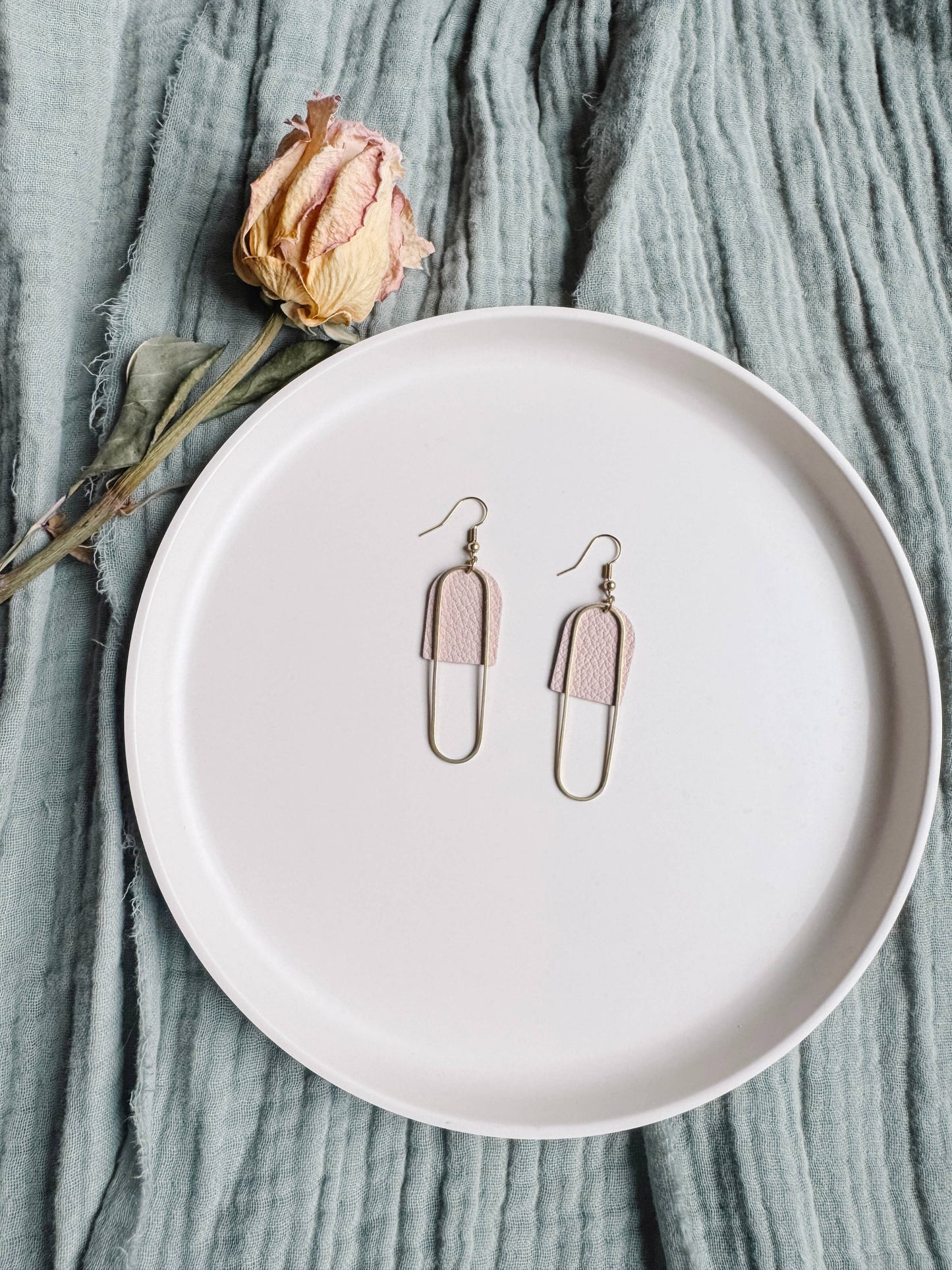 White Birch Leather + Brass Oval Earrings (3 colours)