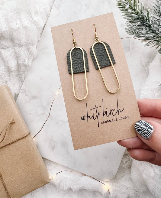 White Birch Olive Leather & Brass Earrings