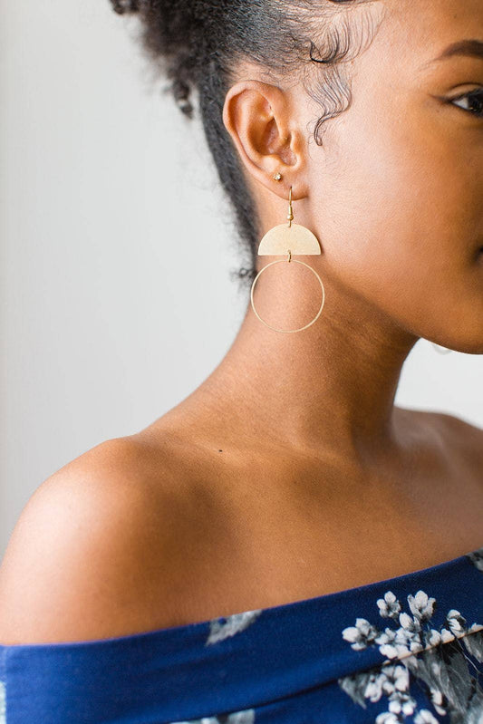 White Birch Brass Half Moon Circle Statement Earrings