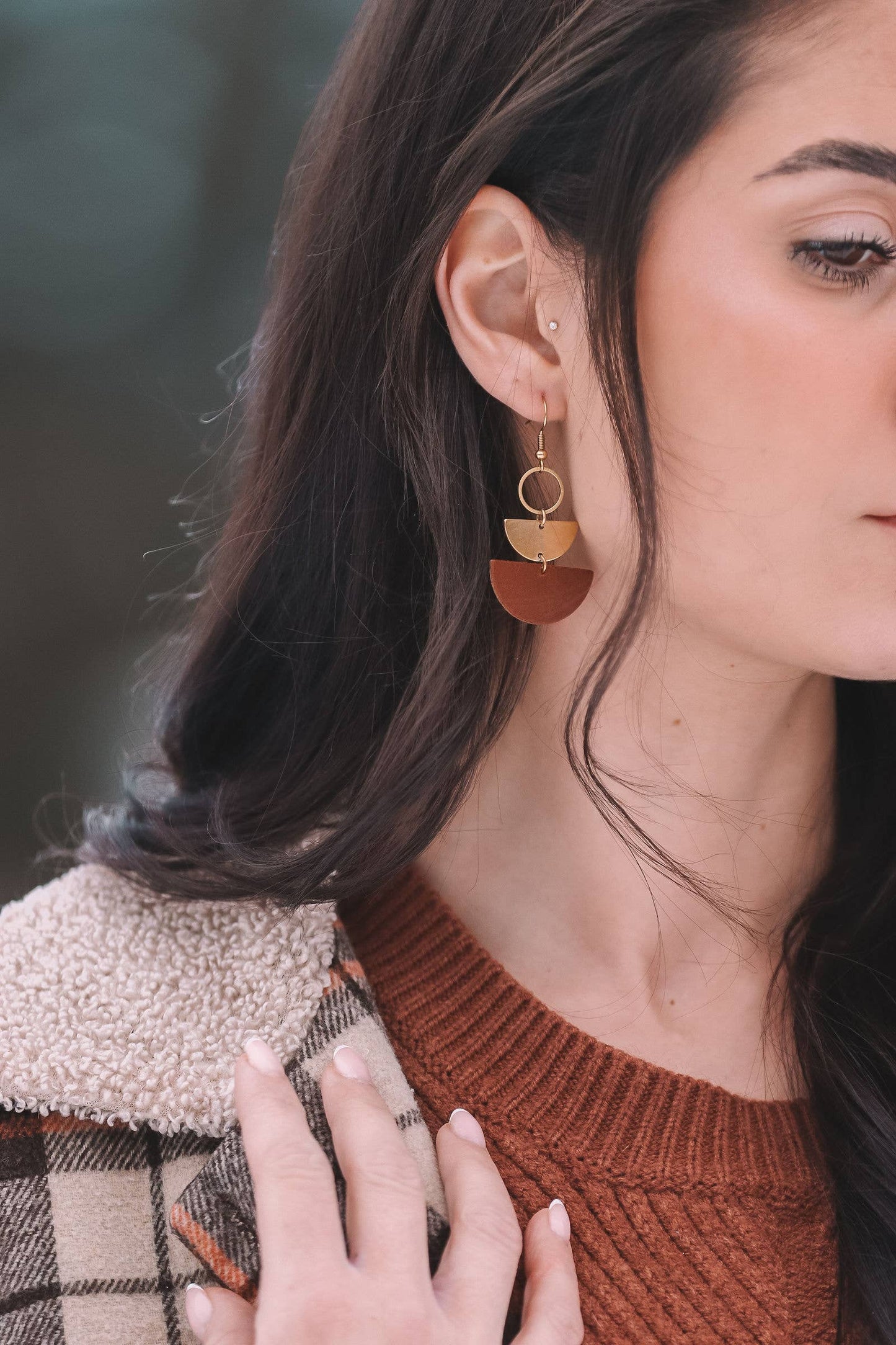 White Birch Brown Leather + Brass Half Moon Dangle Earrings