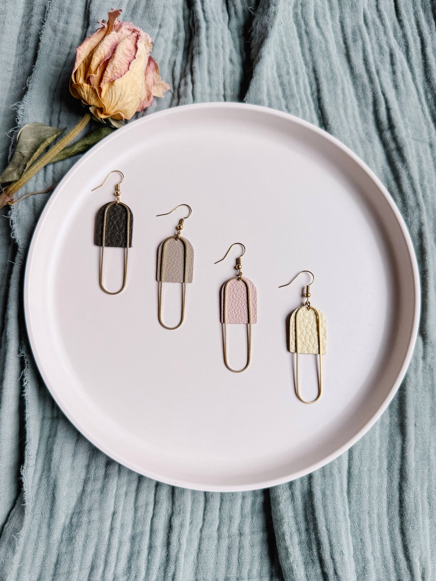 White Birch Leather + Brass Oval Earrings (3 colours)