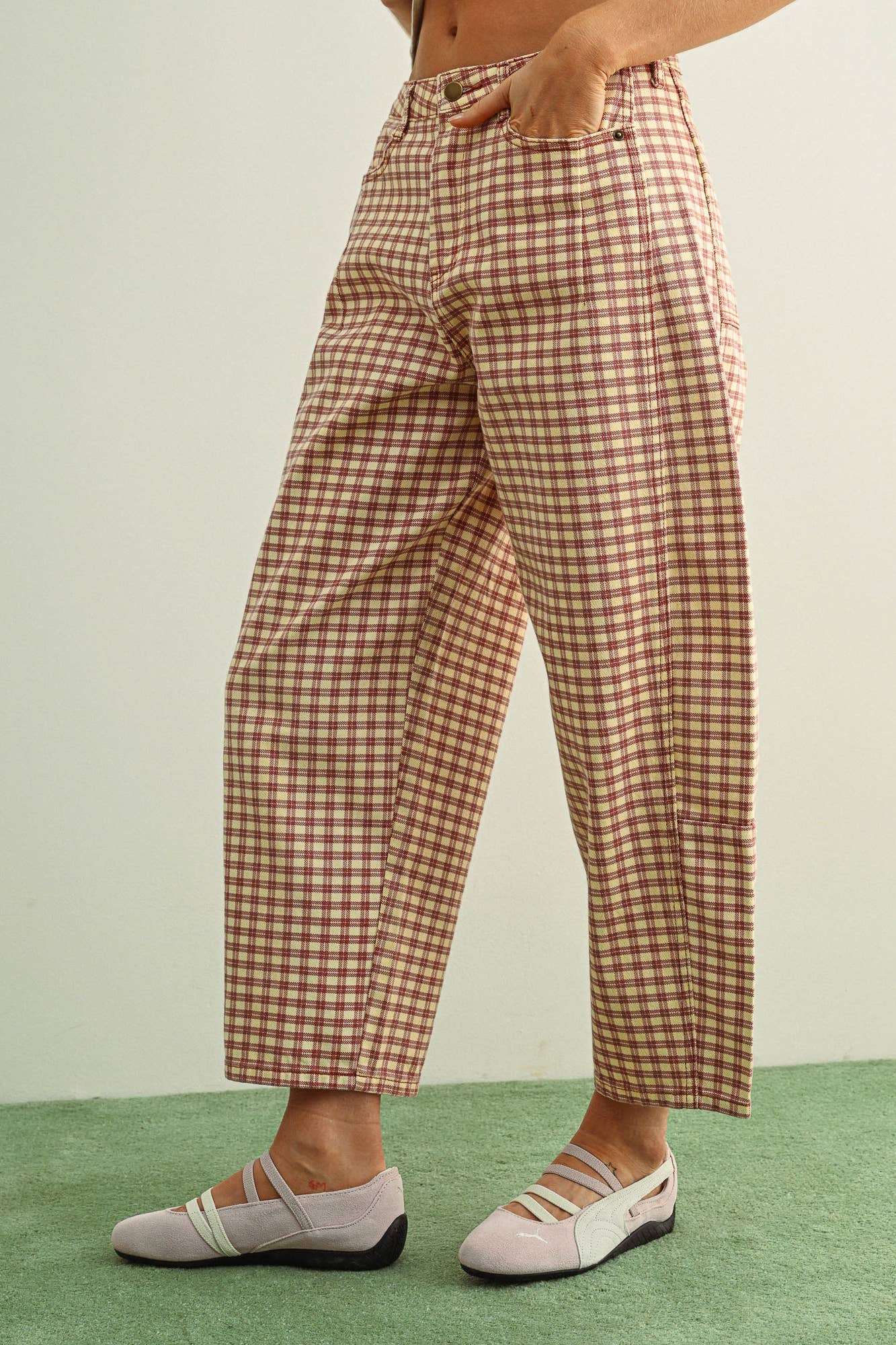 Miou Muse Mini Check Barrel Pants