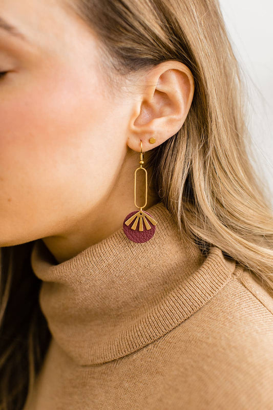 White Birch Burgundy Leather & Brass Sunburst Geometric Earrings