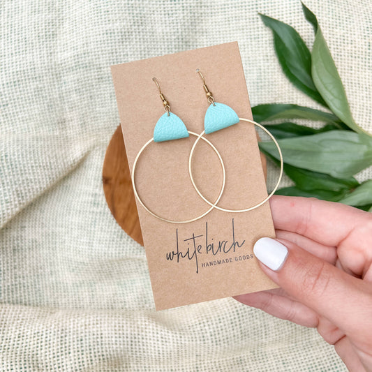 White Birch Robins Egg Leather & Brass Circle Earrings