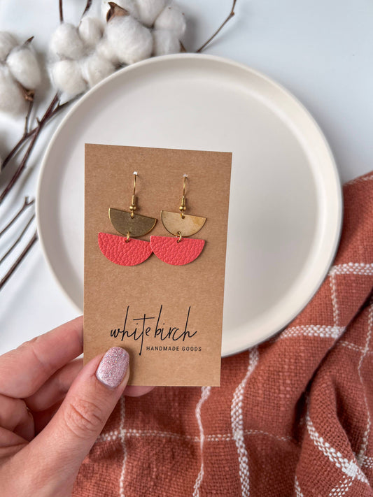 White Birch Mini Coral Leather Half Moon and Brass Earrings