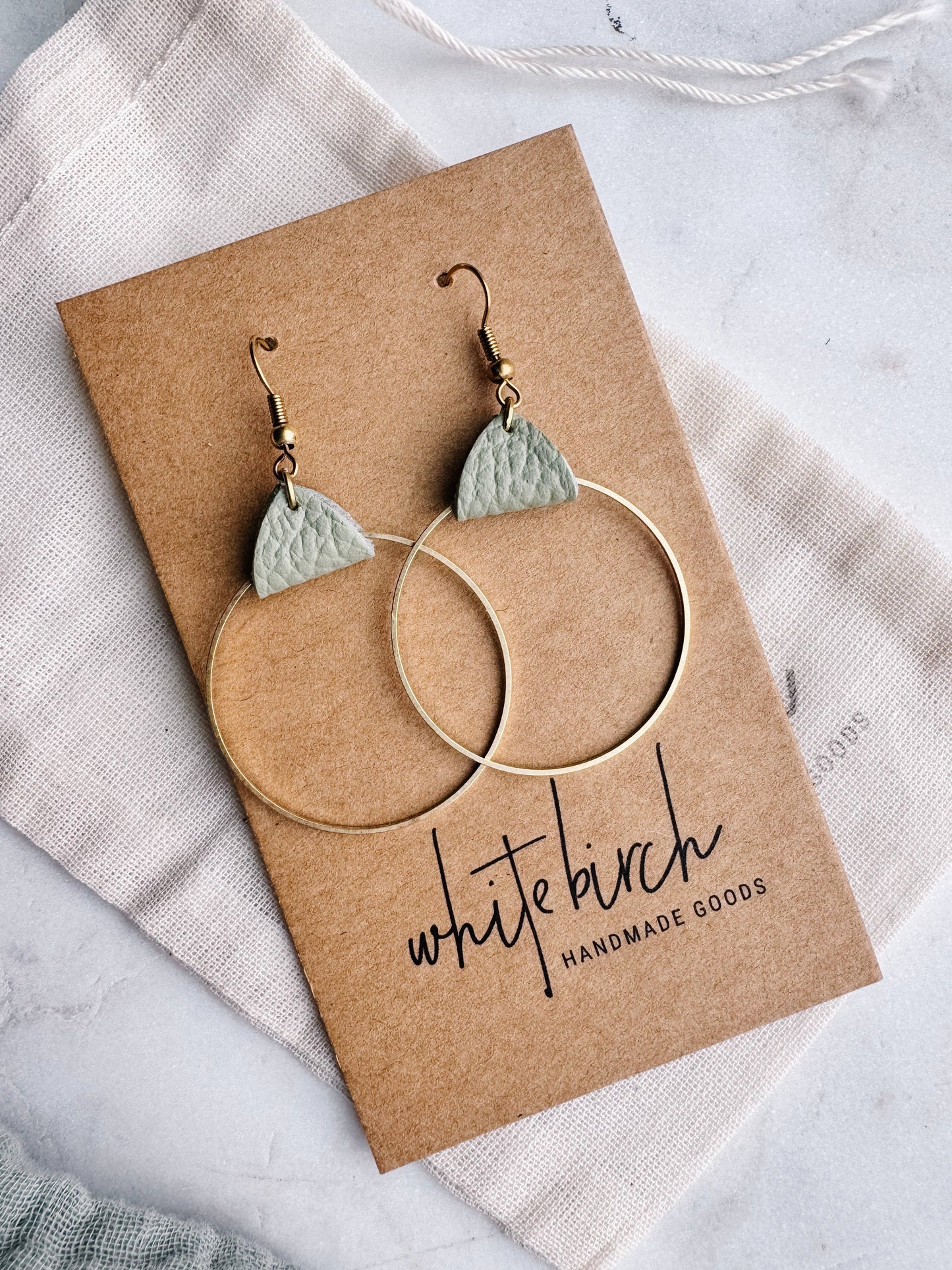 White Birch  Leather & Brass Circle Earrings