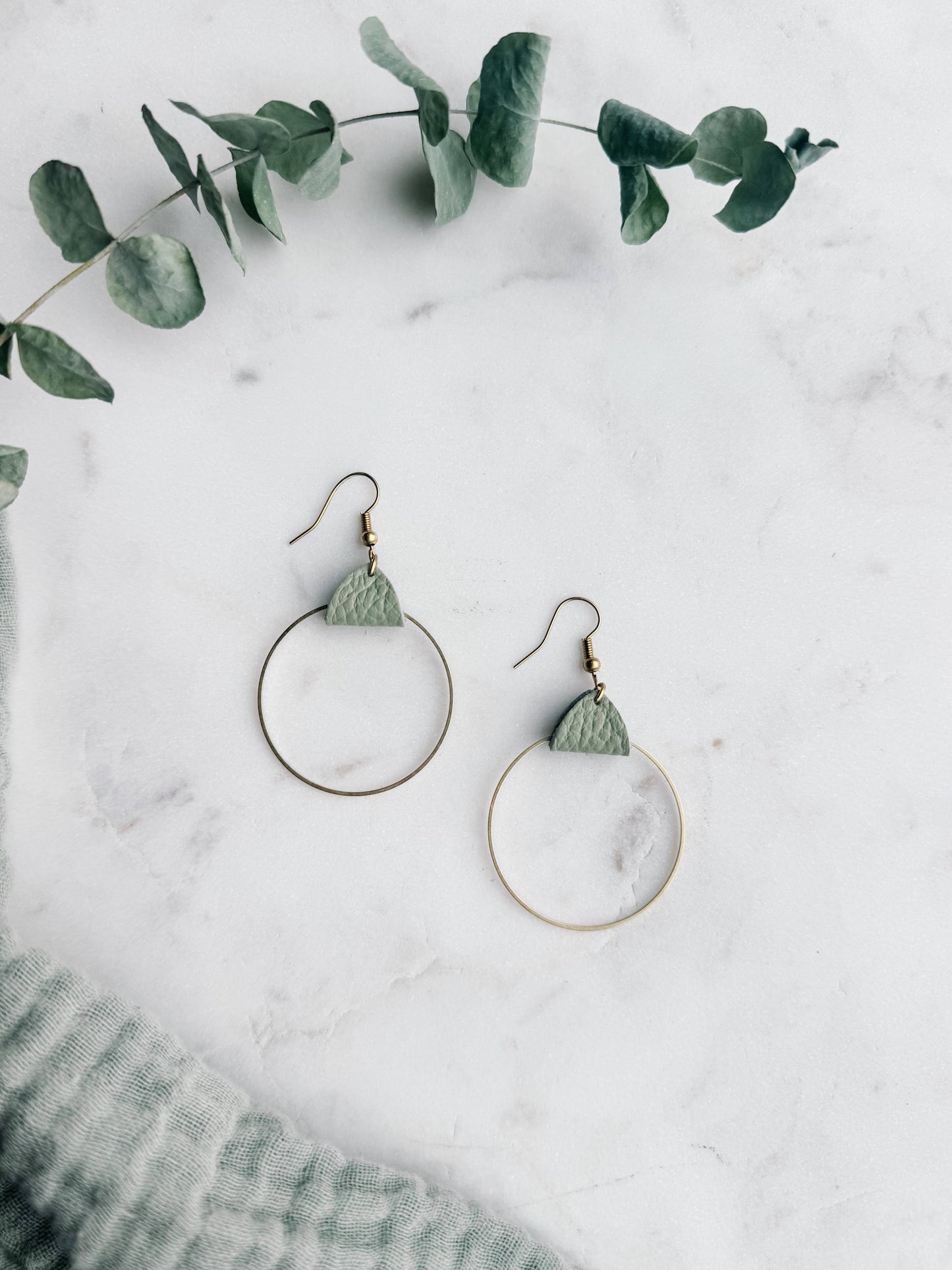 White Birch  Leather & Brass Circle Earrings