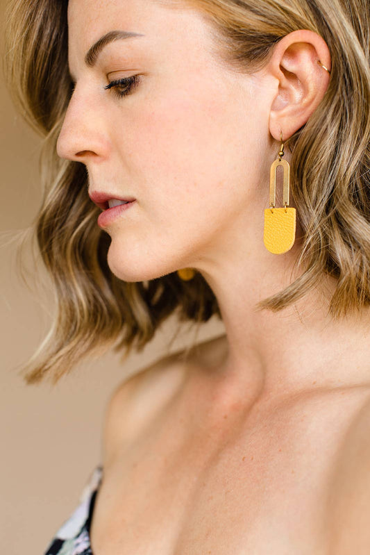 White Birch Mustard Yellow Leather & Brass Earrings