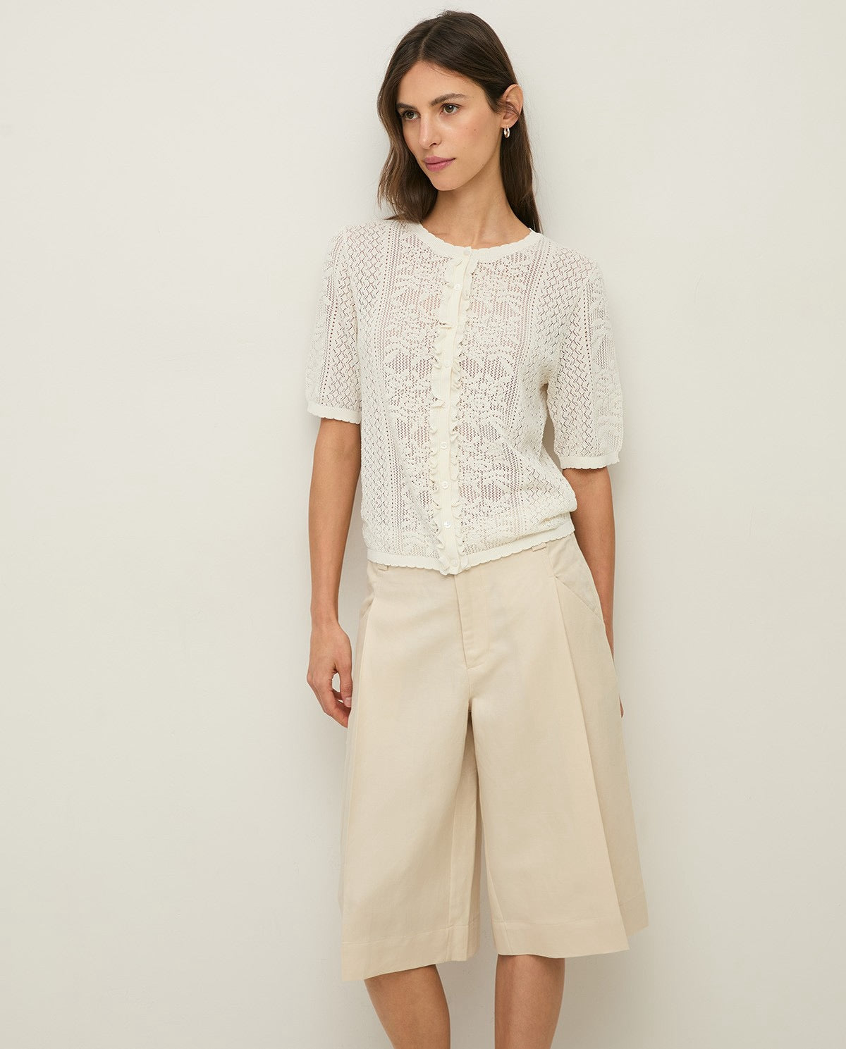Yerse Pointelette Sweater With Puffed French Sleeves