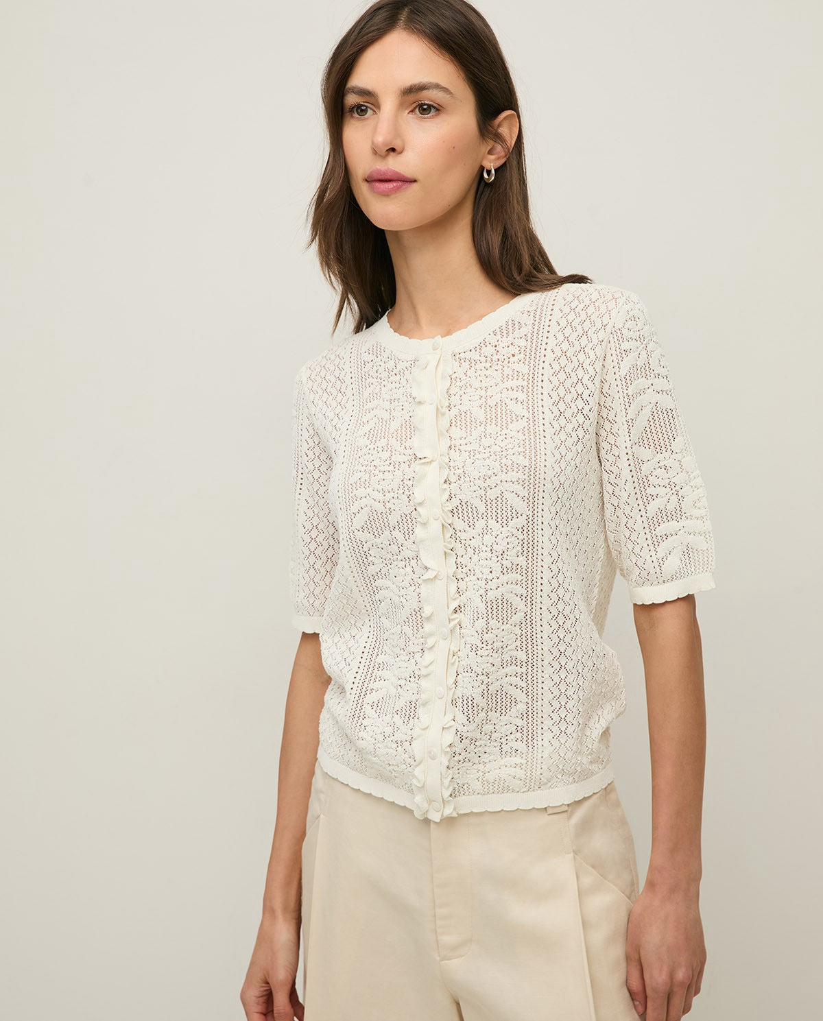 Yerse Pointelette Sweater With Puffed French Sleeves
