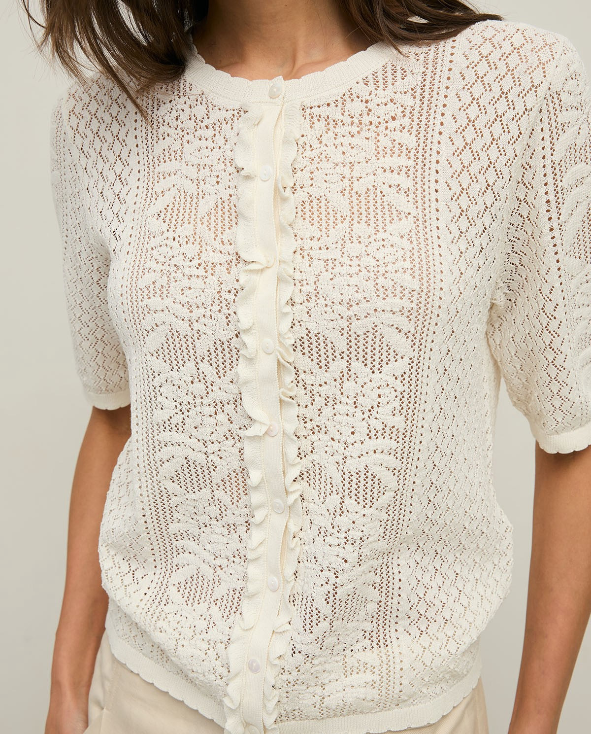 Yerse Pointelette Sweater With Puffed French Sleeves