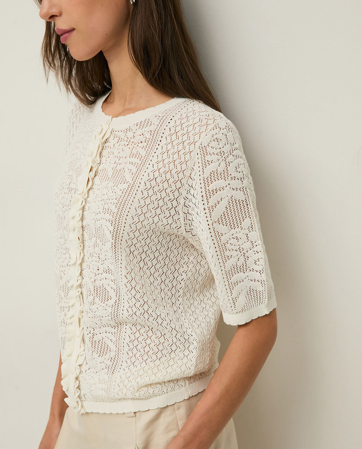 Yerse Pointelette Sweater With Puffed French Sleeves