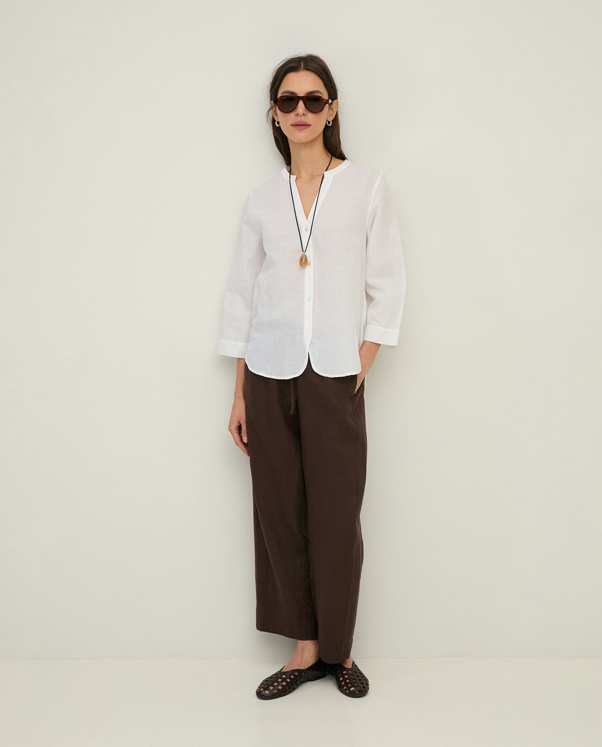 Yerse Linen and Cotton Blouse with French Sleeves