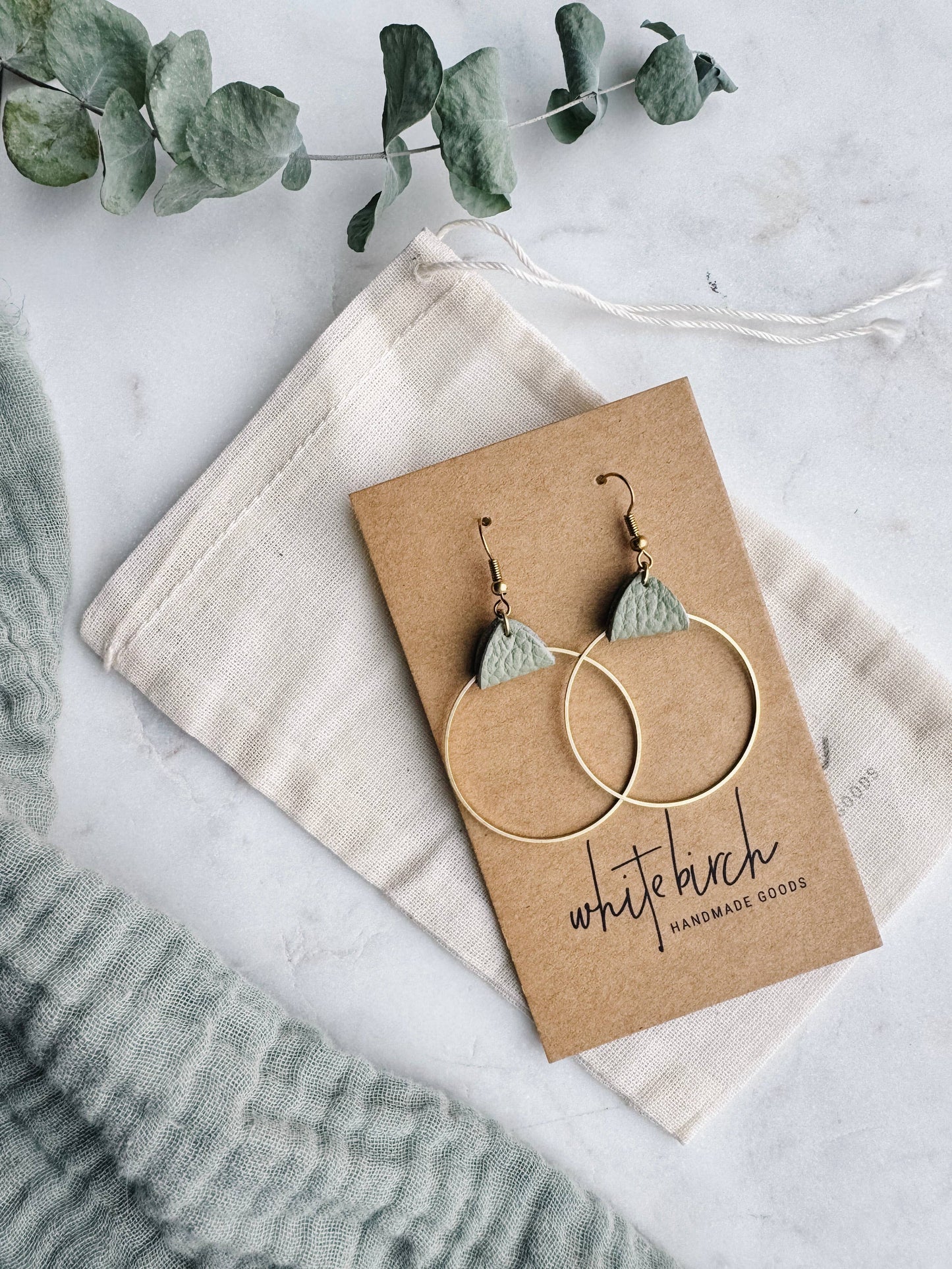 White Birch  Leather & Brass Circle Earrings