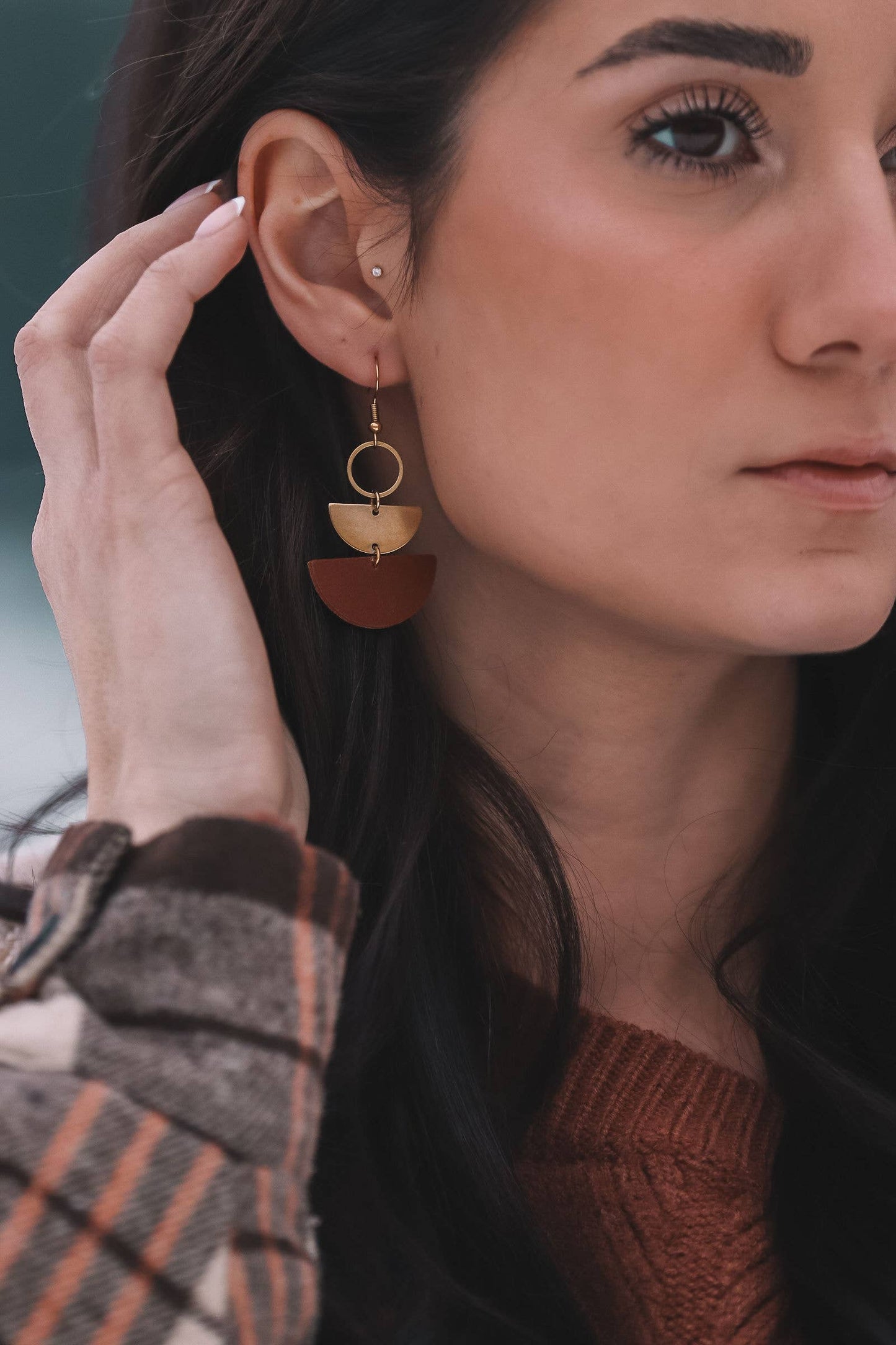 White Birch Brown Leather + Brass Half Moon Dangle Earrings
