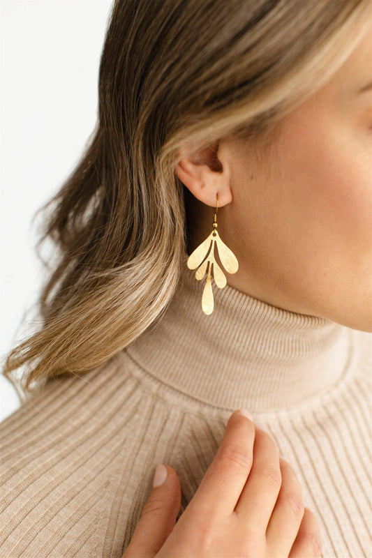 White Birch Brushed Brass Leaf Earrings