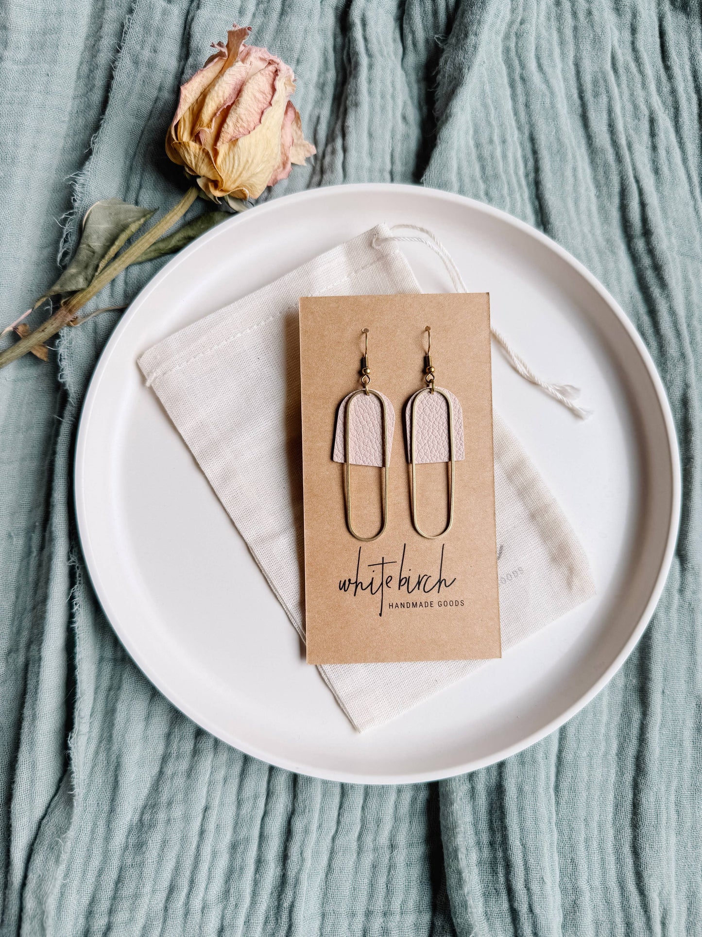 White Birch Leather + Brass Oval Earrings (3 colours)