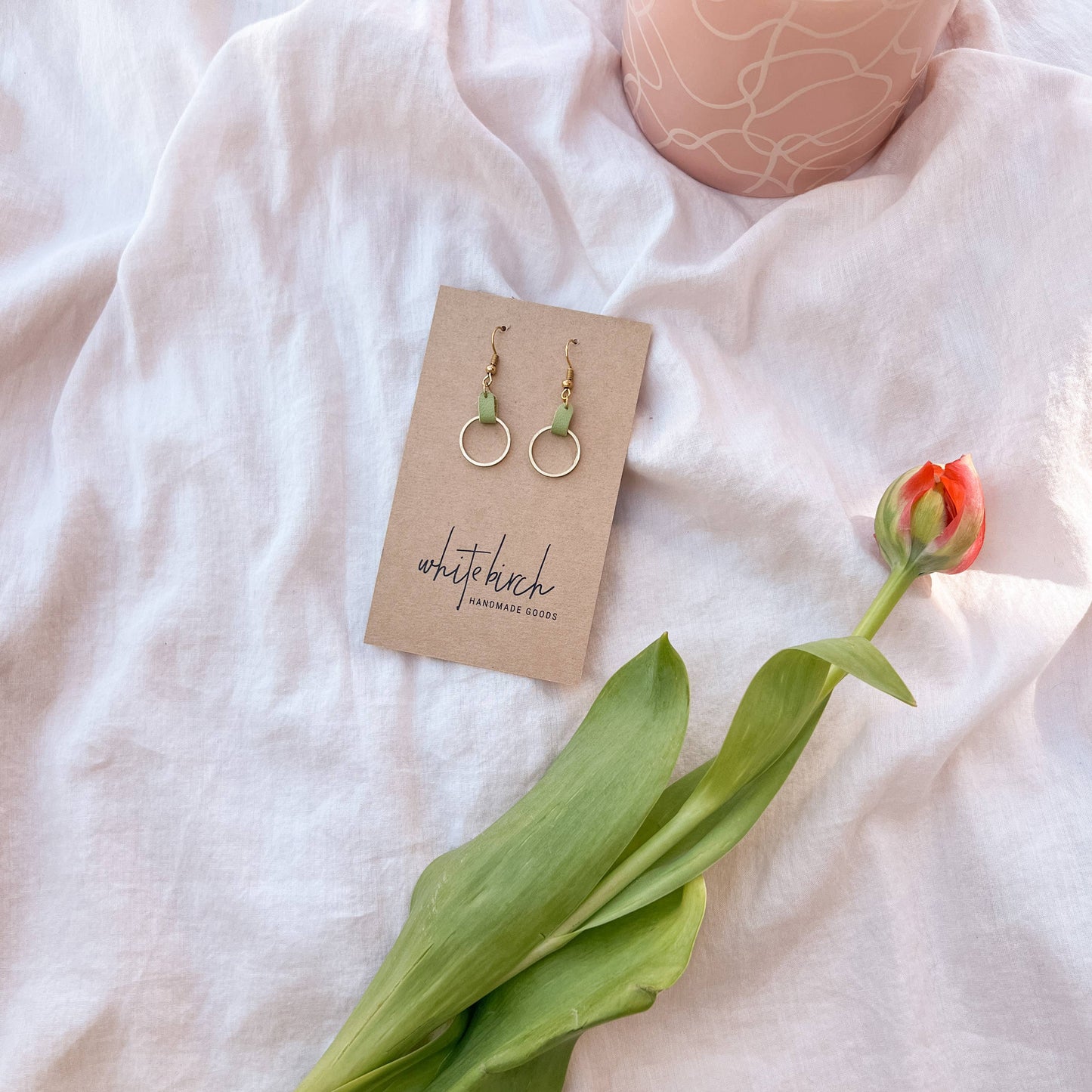 White Birch Lime Green Leather & Small Brass Circle Earrings