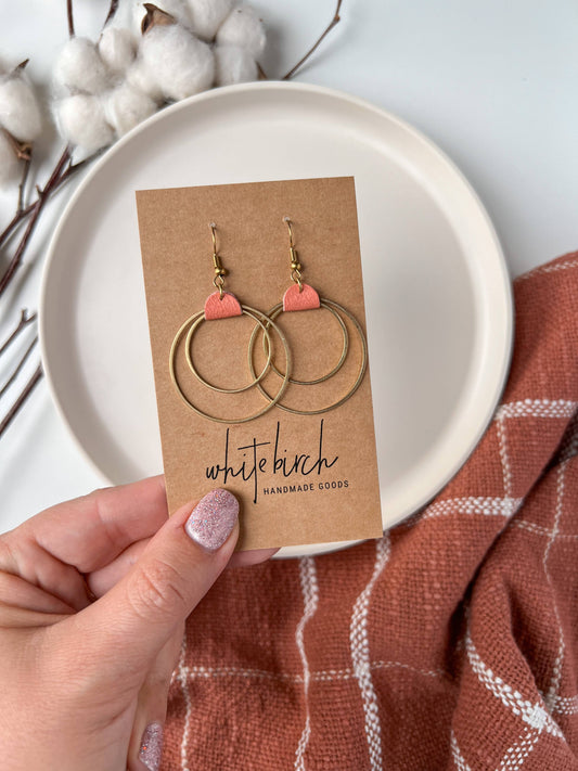 White Birch Light Coral Leather & Brass Circles Earrings