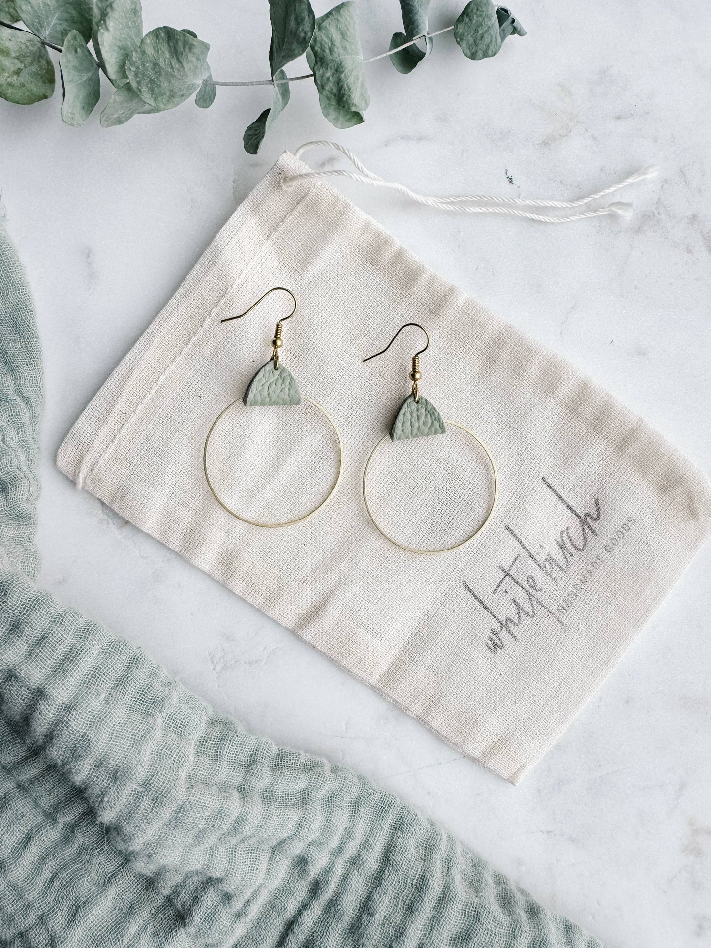 White Birch  Leather & Brass Circle Earrings