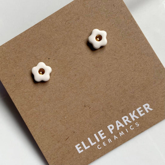 Ellie Parker Flower White Ceramic Clay Gold Accent Stud Earrings