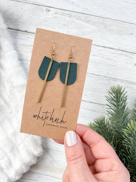 White Birch Dark Green Leather & Brass Bar Geometric Earrings