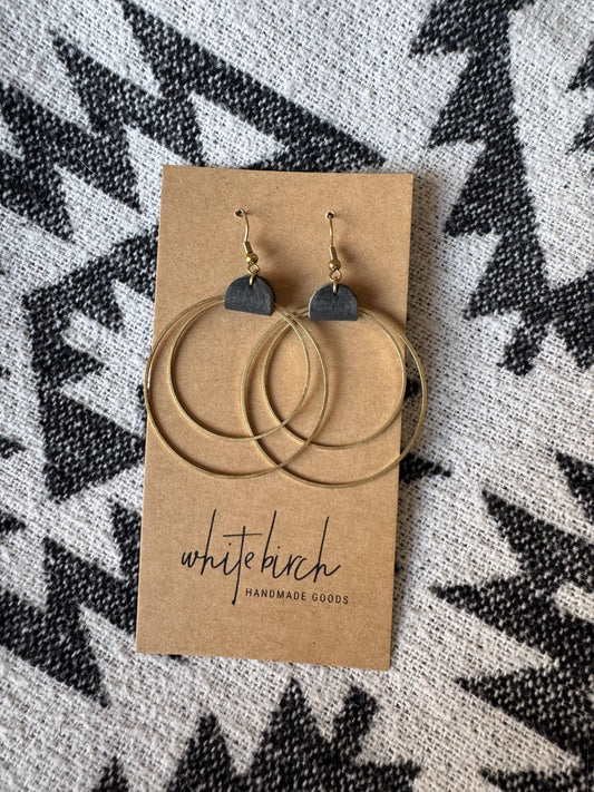 White BIrch Matte Black Leather & Brass Circles Earrings