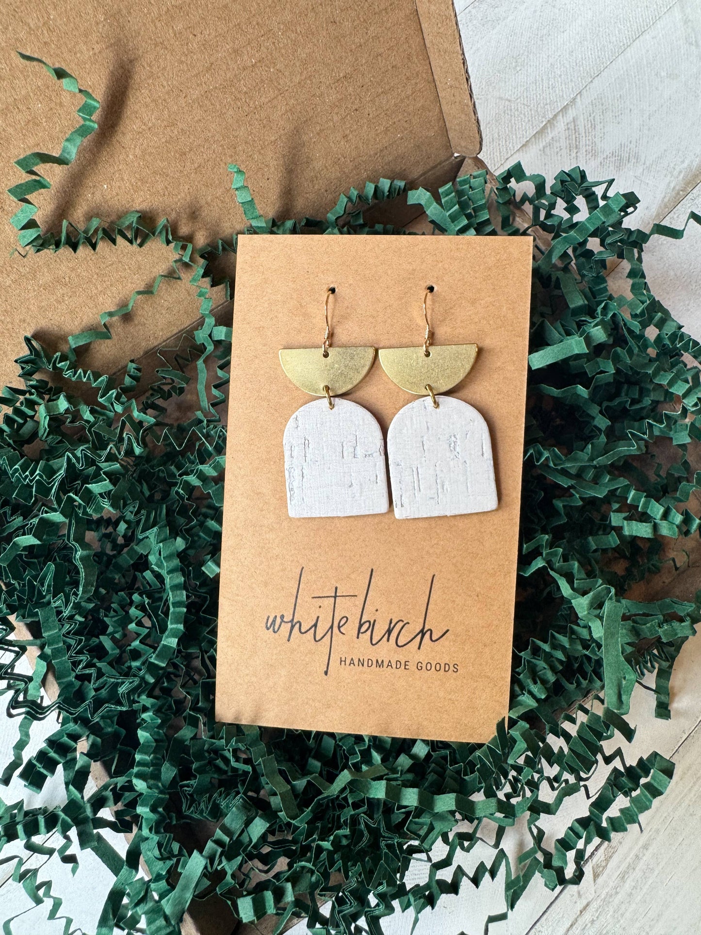 White Birch Cork Leather & Brass Earrings